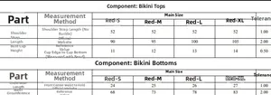 Tabella taglie dettagliata per bikini rosso fragola con misure dalle taglie S alla XL