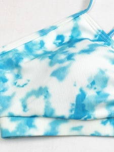 Blue and white tie-dye ribbed two-piece swimsuit with spaghetti straps and high waist cut