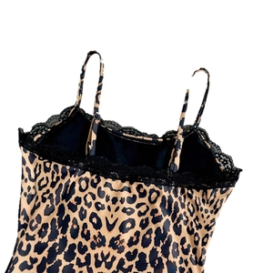 Slim fit leopard print bodysuit for women with black lace trim and adjustable straps