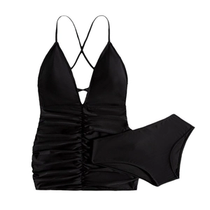 Classic black two-piece bikini set with V-neck ruched top and matching swim briefs
