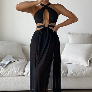 Sexy black halter neck one-piece swimsuit with cutout details and mesh skirt overlay