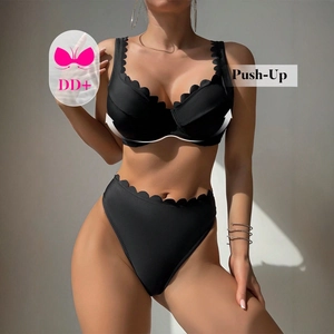 Sexy bikini nero a due pezzi con bordi smerlati e vita alta per supporto push-up DD+