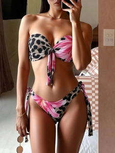 Women Sexy Leopard Floral Print Bikini Set Strapless Bandeau Top And Bottom Swimsuit For Beach Pool Vacation Swimming