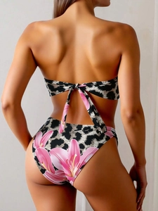 Two-piece tube top bikini set with bold leopard print and pink lily floral pattern