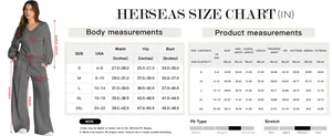 Detailed size guide table with body and product measurements for women's V-neck lounge set