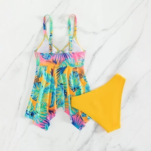 Two-piece floral bikini set with tropical print top and yellow high waist bottom