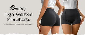 Close-up of high-waisted black mini shorts with structural seam details and elastic fit