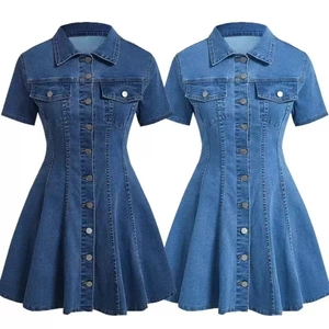 Robe Décontractée en Jean à Manches Courtes pour Femmes Élégante Boutonnée à Revers Coupe Trapèze Mini Robe avec Poches