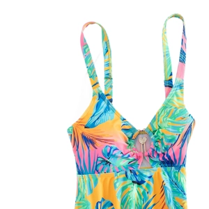 Floral print bikini top with tropical leaf patterns and heart-shaped metal buckle detail