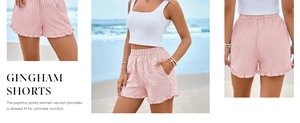 Three-way view of pink striped casual beach shorts with ruffled hem and buttons
