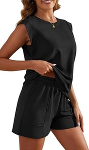 Detail view of black sleeveless round neck top and elastic pocket shorts set for women