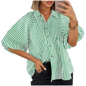 Chemise Femme Décontractée à Rayures Boutonnée Col à Revers Manches Bouffantes Blouse Ample Top Avec Poche Mode Été Streetwear