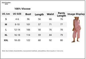 Size chart for women's 100% viscose striped top and wide-leg pants set, sizes S to XXL