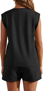 Rear view of women's black sleeveless top and shorts set showing the fit and back cut