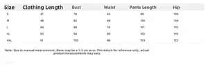 Detailed size chart for women's V-neck top and wide-leg pants set with measurements