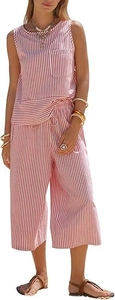 Detail of red and white striped sleeveless top with a neat chest pocket and soft cotton fabric
