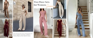 Detail of V-neck ribbed top and wide leg pants sets in various colors