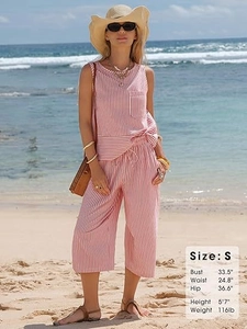 Detailed sizing chart for women's red striped sleeveless top and wide-leg crop pants set