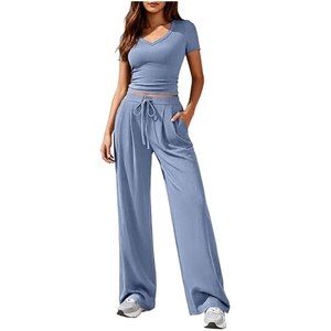 Women's dusty blue v-neck short sleeve top and wide leg drawstring pants set