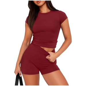 Detail view of burgundy slim-fit short sleeve T-shirt and high-waist shorts set