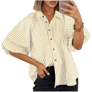 Chemise rayée jaune pour femmes avec manches bouffantes et coupe ample décontractée