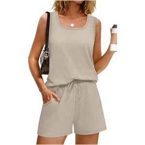 Close-up of summer two-piece leisure set showing fabric texture and drawstring waist