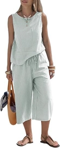 Detailed view of women's two-piece green striped sleeveless top and wide-leg crop pants