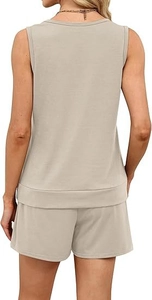 Rear view of beige two-piece lounge set showing square neck tank top and casual shorts