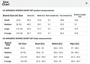Size chart table for women's casual short set showing measurements in inches for S to XL