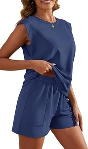 Detail of dark blue sleeveless knit top and drawstring shorts set with side pockets