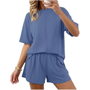 Completo da Casa Casual da Donna a Tinta Unita Girocollo Manica Corta Top e Pantaloncini Set Pigiama Estivo Comodo