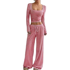 Women's red and white striped knit lounge set with crop top and wide-leg pants