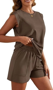 Detail view of coffee brown sleeveless top and elastic waist shorts with side pockets