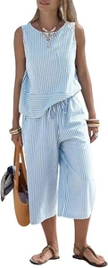Women's summer two-piece striped sleeveless top and wide-leg cropped pants outfit