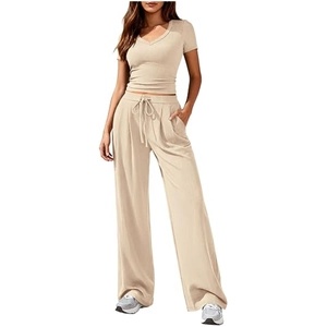 Chic beige two-piece lounge set with V-neck short sleeve top and wide-leg drawstring pants