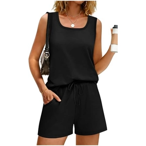 Detail of black summer set featuring sleeveless tank top and drawstring shorts with side pockets