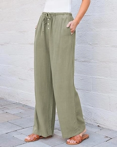 Detail view of olive green wide-leg pants showing drawstring waist and button accents