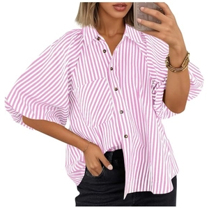 Chemisier rayé rose et blanc pour femme avec manches bouffantes et poche poitrine
