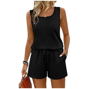 Women's summer two-piece casual set featuring a black sleeveless tank top and drawstring shorts