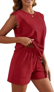 Detail view of the deep red sleeveless tank top with matching elastic waist shorts