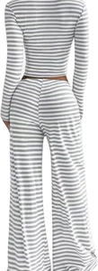 Rear view of grey striped high-waisted wide-leg trousers and cropped long sleeve top