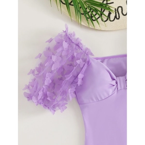 Purple one-piece swimsuit with 3D butterfly floral puff sleeves and bow detail