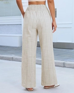 Outdoor back view of casual wide-leg striped trousers with high elastic waist for women