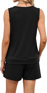Rear view of women's black two-piece lounge set showing sleeveless tank top and shorts