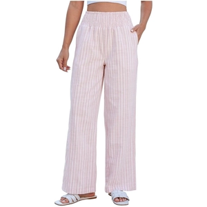 Women's pink and white striped wide-leg pants with a high elastic waist and side pockets