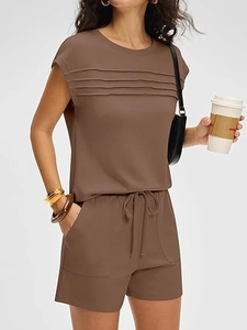 Detailed view of the pleated texture and drawstring waist on this casual summer set