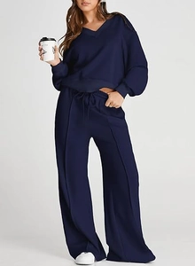 Detail view of navy blue V-neck sweatshirt set with vertical seam drawstring pants