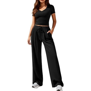Women's black V-neck short sleeve top and high-waisted wide-leg pants two-piece set