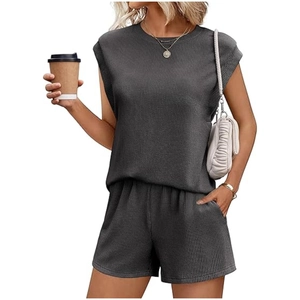 Women's 2-piece dark grey ribbed knit lounge set with cap sleeve top and shorts