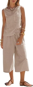 Front full view of women's summer sleeveless striped top and wide-leg cropped pants set